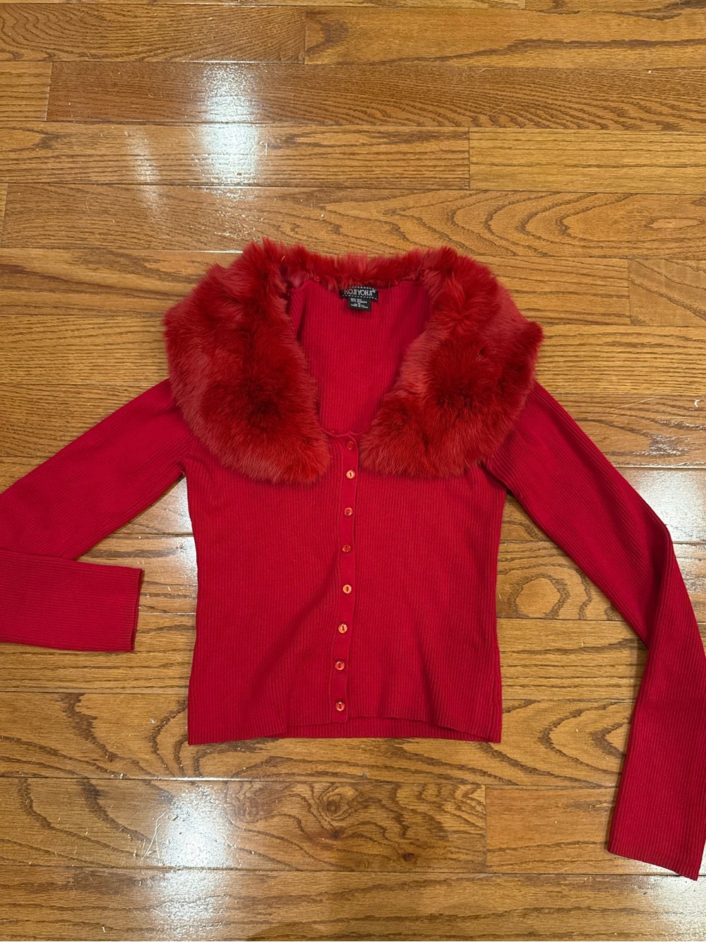 Red Ribbed Button-Up Sweater with Fur Collar - Picture 2 of 5